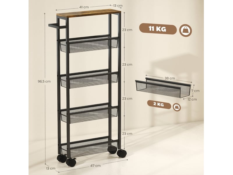  Desserte de cuisine 47 x 13 x 96,5 cm noire en métal et panneau de particules, 5 niveaux à roulettes  - Conforama C