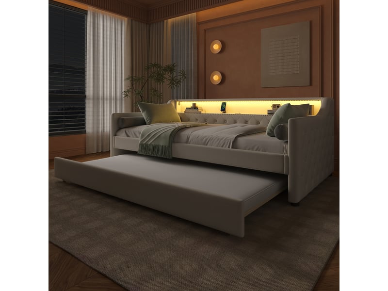  Lit gigogne 90x200 cm avec led et usb, tissu lin beige, structure mdf, sans matelas  - Conforama R