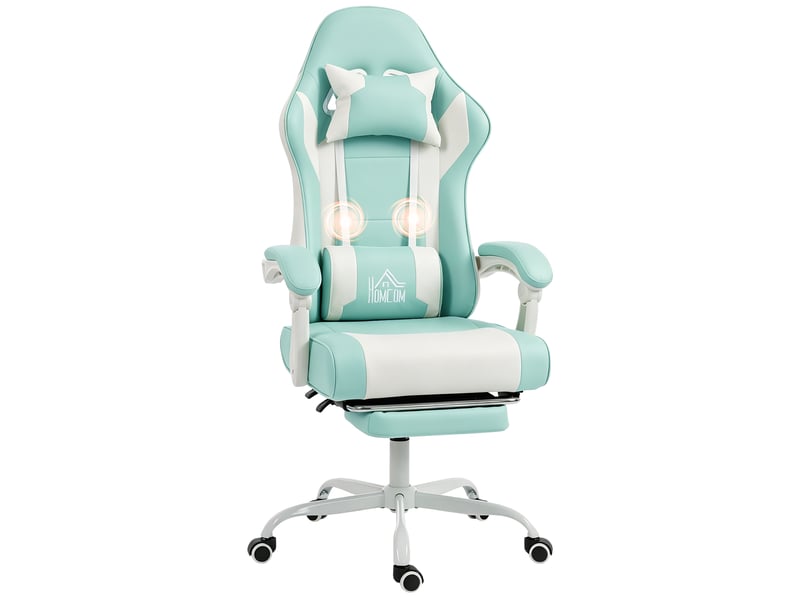  Fauteuil de jeu avec massage lombaire, vibration, inclinaison jusqu'à 155°, appui-tête réglable et repose-pieds rétractable, bleu  - Conforama A