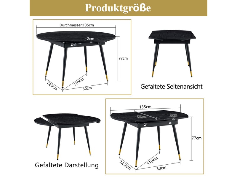  Table à manger extensible moderne se transformant de ronde à ovale en mdf noir noyer avec accents dorés sur pieds métal gain de place  - Conforama C