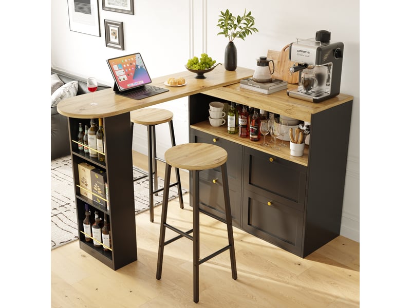  Lot de 2 tabourets de bar 30x30x70 cm, double repose-pieds, design industriel, chaise haute cuisine, mdf, métal, noir  - Conforama D