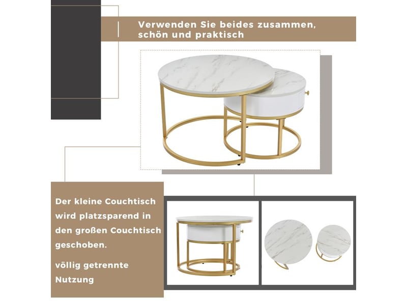  Table basse gigogne marbre - ensemble de 2 tables - finition brillante - 50x50x43.5 cm - mdf 70x70x48cm - Conforama E