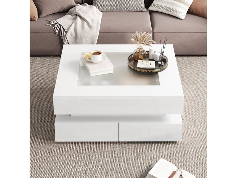 Table basse 3 tiroirs et led réglable par application, plateau en verre, carrée pour salon, blanche, 70 × 70 × 35 cm - Conforama D