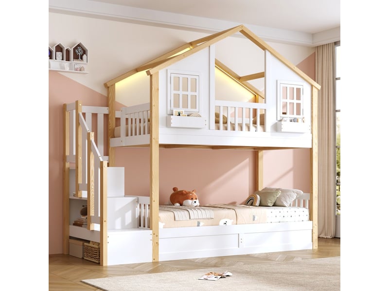  Lit superposé mezzanine bois massif 90x200+90x200 cm maison led escalier rangement fenêtre blanc naturel  - Conforama B