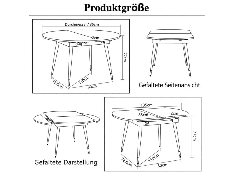  Table à manger extensible moderne se transformant de ronde à ovale en mdf noir ou noyer avec accents dorés sur pieds métalliques gain de place  - Conforama C