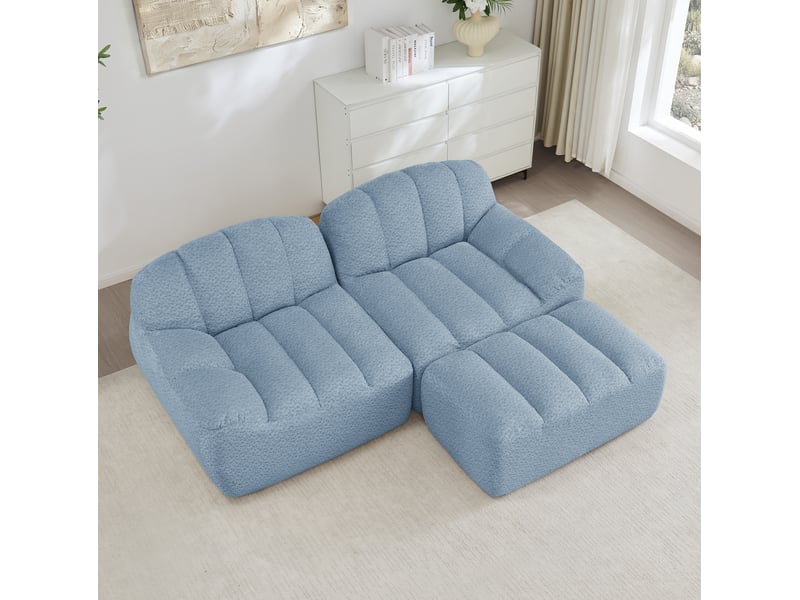 Canapé modulaire d'angle 2 places en tissu bouclette granuleux bleu avec ottoman, 210 x 165 x 79 cm - Conforama D