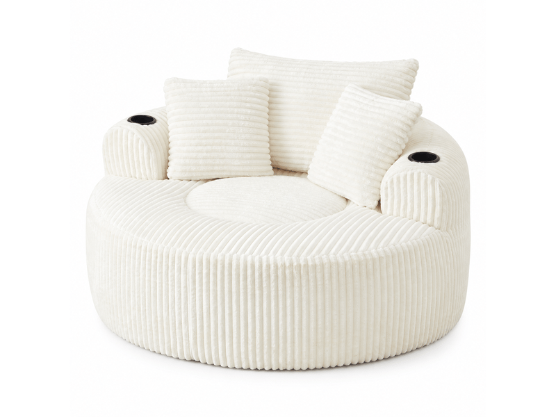 Fauteuil lounge rond 142 x 142 x 85 cm avec 3 coussins, 2 porte-gobelets et rangement latéral antidérapant, velours côtelé, beige OMNIGLINT TRADING LTD - Conforama A