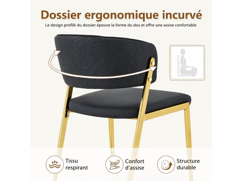  Chaises de salle à manger lot de 2 en pu rembourré, métal doré, noir, 51 x 49 x 78 cm  - Conforama E