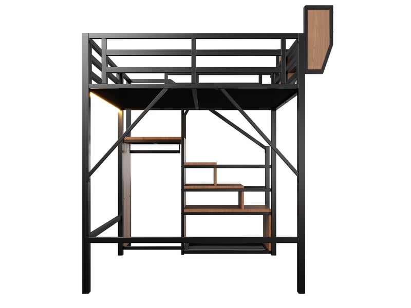  Lit mezzanine 140x200 cm noir en métal, led, échelle sécurisée et étagère modulable Fay Lum - Conforama E