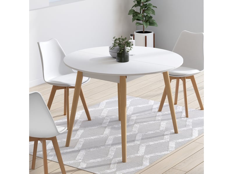 Table à manger extensible ronde angela 4-8 personnes blanc pied bois 110 - 150 cm  - Conforama E