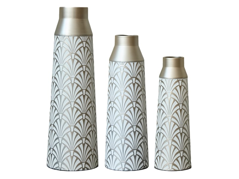  Lot de 3 vases décoratifs sur pied en métal blanc et argenté, h 43,5 à 61 cm  - Conforama A