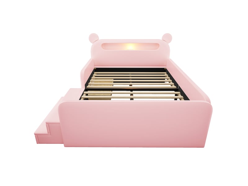Lit 2 places 140x200 cm - lit enfant avec tête de lit ours, rangement, veilleuse et usb - rose - Conforama E