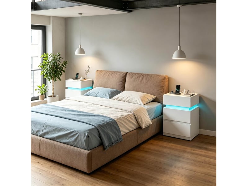  Lot de 2 tables de chevet blanches 40 x 35 x 55 cm avec led et station de charge  - Conforama D