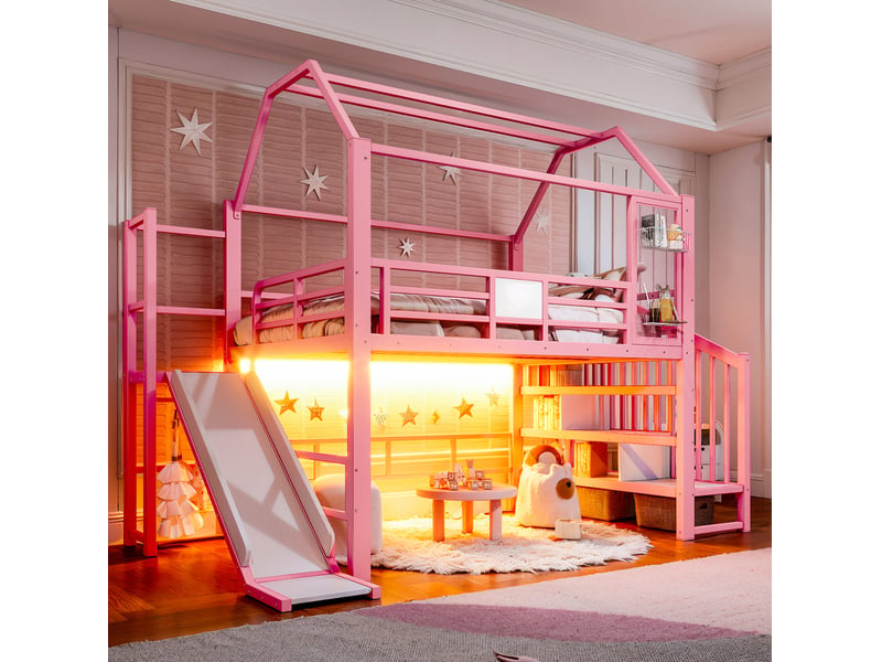 Lit mezzanine enfant 140x200 cm rose avec toboggan, escalier et rangements - Conforama E