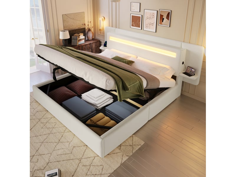  Lit coffre double 180x200 cm, table de chevet intégrée, usb et bandeau led multicolore, en mdf, beige, sans matelas  - Conforama E
