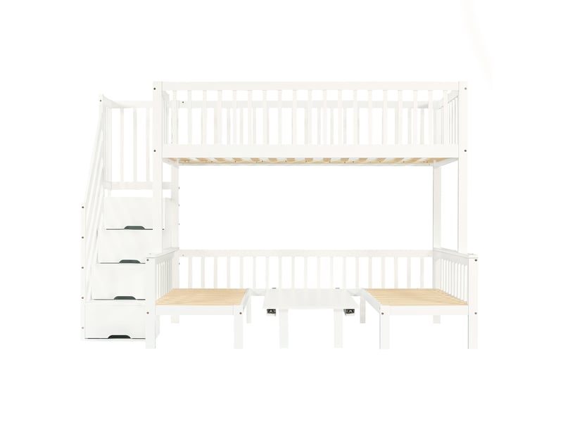  Lit superposé enfant 90x200 et 120x200 cm – blanc – table rabattable, escalier de rangement et garde-corps  - Conforama D