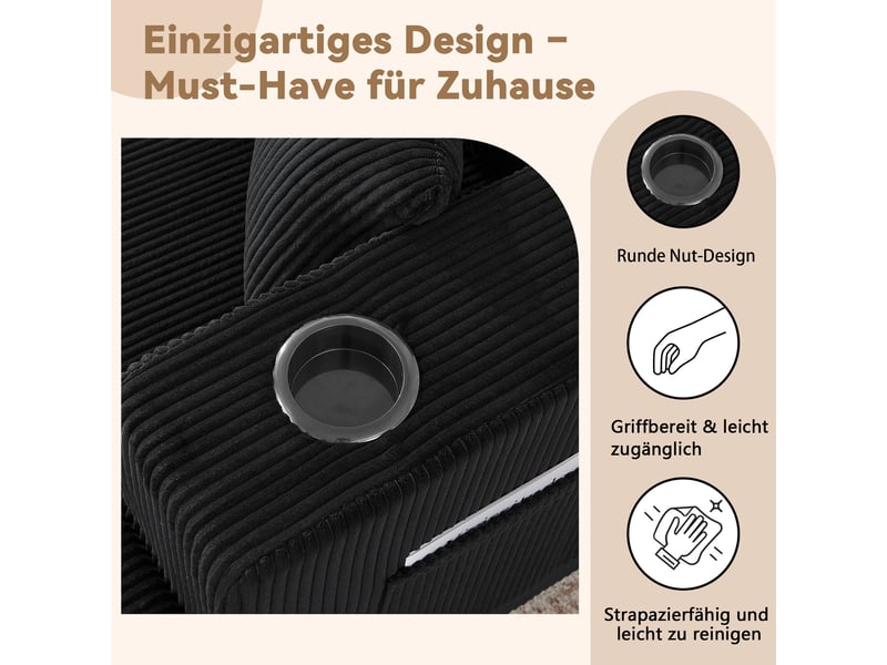Canapé d'angle, canapé modulable – 3 places, poches latérales, porte-gobelets, noir, pouf amovible, en velours tricoté - Conforama D