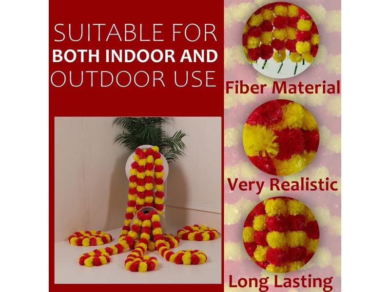  Guirlande de soucis artificielle de 5 pièces (1,4 m) pour halloween, diwali, pooja, mariage, cheminée, noël et décoration automnale - magenta et jaune  - Conforama C