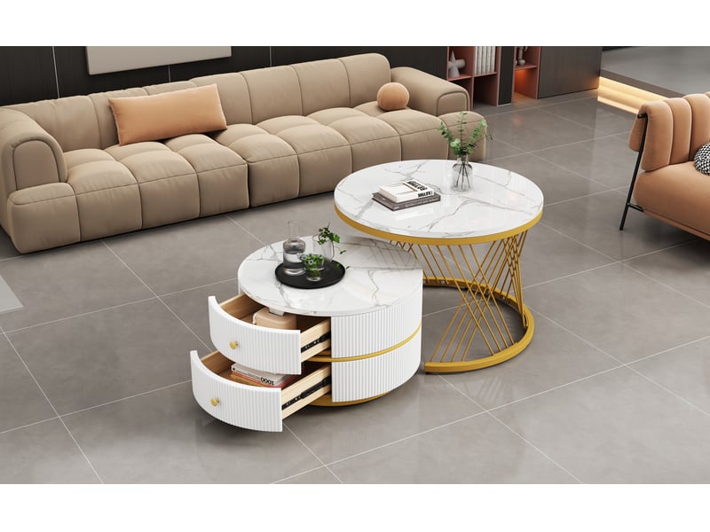  Table basse gigogne 2 pièces 60x60x46 cm et 50x50x30,8 cm blanche mdf effet marbre brillant avec 2 tiroirs et charge 30 kg evarich - Conforama D