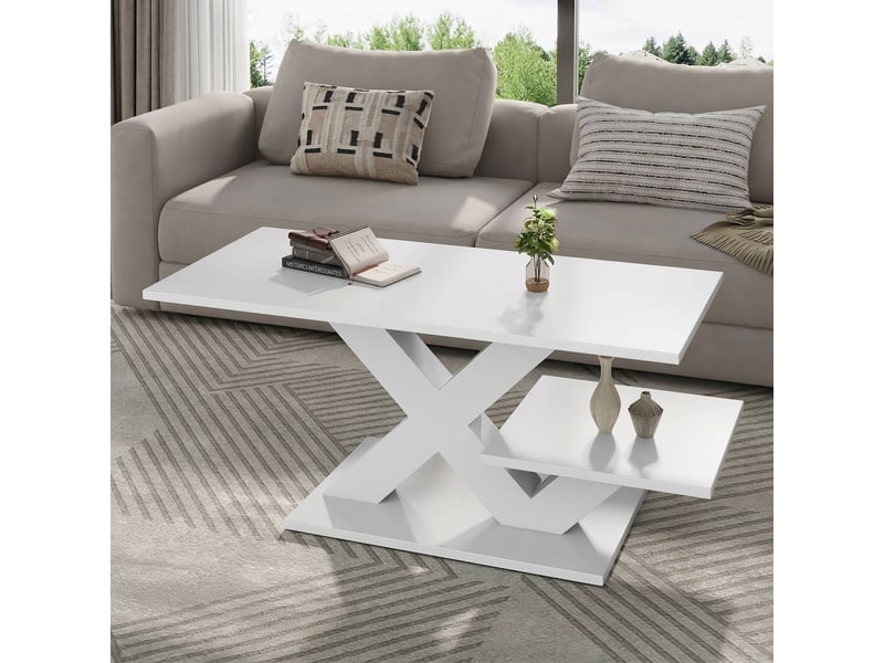 Table basse blanche brillante 100x48x45cm double plateau mdf pieds en x - Conforama B