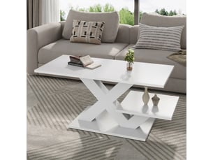 Table basse blanche brillante 100x48x45cm double plateau mdf pieds en x