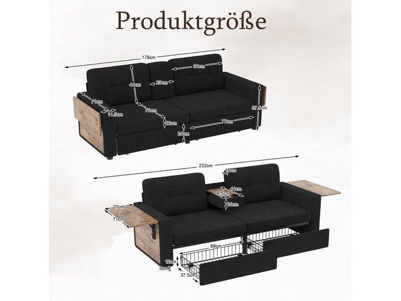  Canape droit 2 places 178x71x57,5 cm avec rangements et table réglable,  2 tiroirs, couleur noir, moderne  - Conforama C