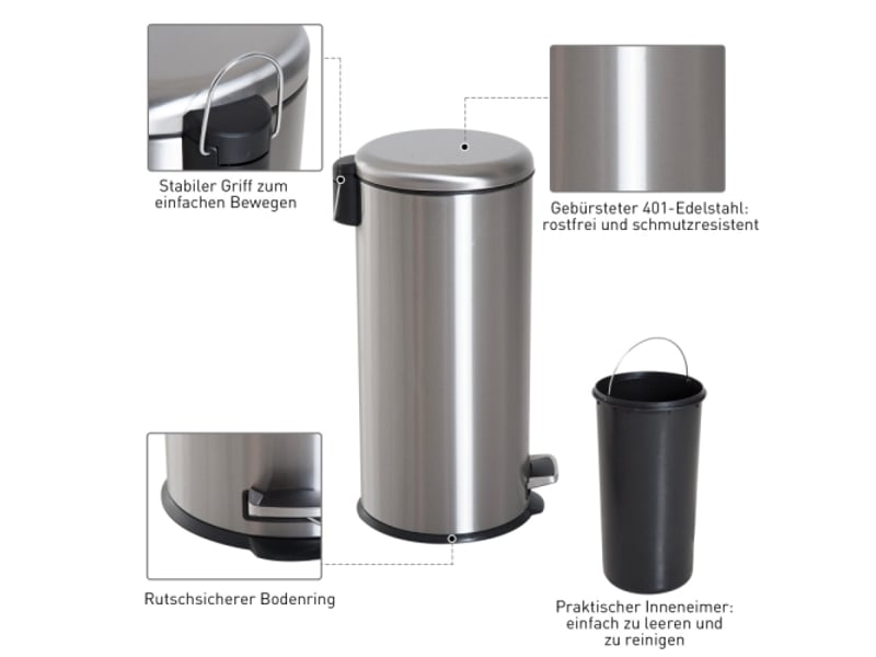  Poubelle à pédale 30 l en inox, bac intérieur, couvercle rabattable, argentée, cuisine et salle de bain  - Conforama C