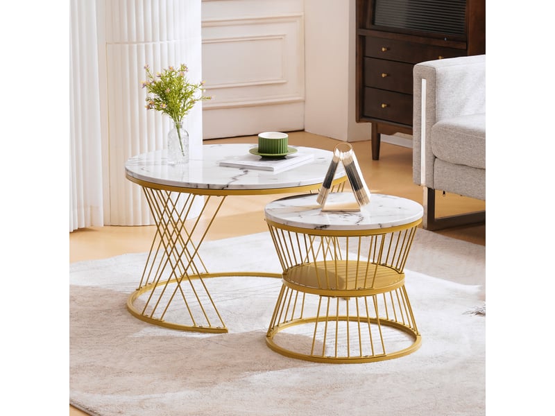  Table basse gigogne effet marbre blanc lot de 2 tables rondes 70 cm  - Conforama E