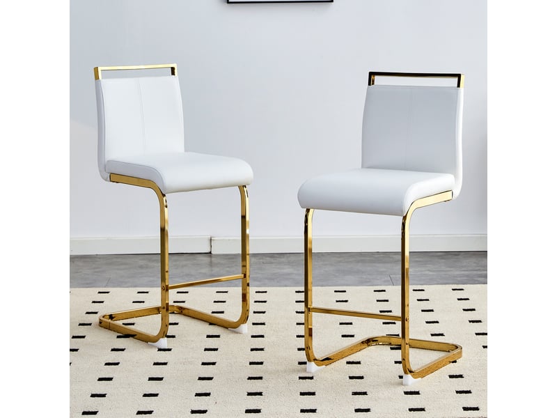  Tabouret de bar lot de 2 en similicuir avec repose-pieds et pieds métalliques dorés, blanc  - Conforama C
