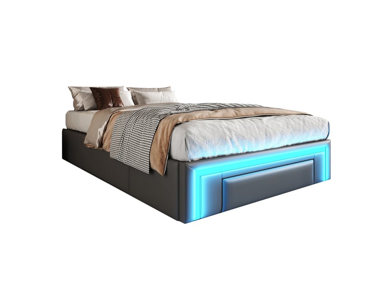  Modenvie lit avec tiroirs 90x200 cm - éclairage led, rangement intégré - sans tête de lit - gris  - Conforama A