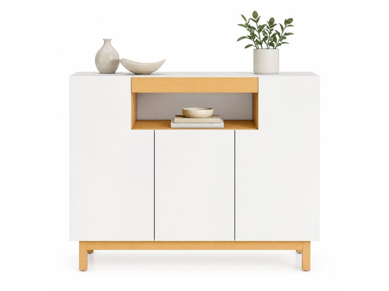  Buffet 120.5x42x96 cm 3 portes et niche ouverte en panneaux de particules blanc  - Conforama A