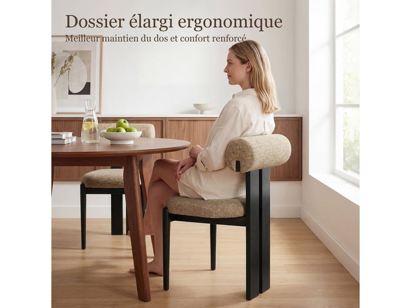 Lot de 2 chaises de salle à manger modernes, dossier cylindrique, cadre en bois, pieds noirs, pour cuisine et salle à manger, marron  - Conforama D