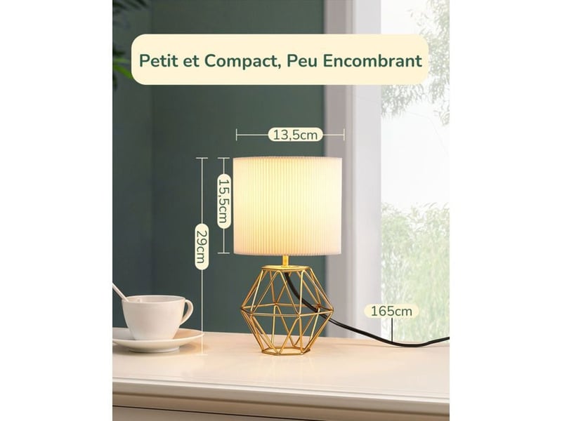  Lampe de chevet t165 abat-jour plissé ivoire led e14 2700k base métal dorée 29 cm 370618_AABJN35663_6_DROPFR - Conforama D