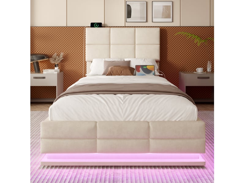  Lit coffre tcqpz 90 x 200 cm en velours beige avec tête de lit réglable, led, usbtype-c et rangement hydraulique, sans matelas  - Conforama E