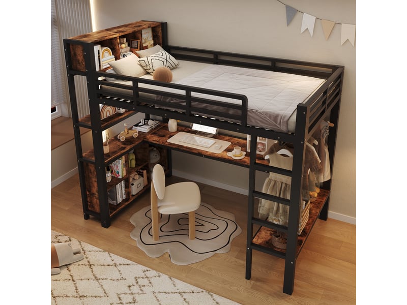  Lit mezzanine enfant 90x200 cm en métal et mdf, lit bureau avec penderie, étagères, rangements et garde-corps, noir  - Conforama D