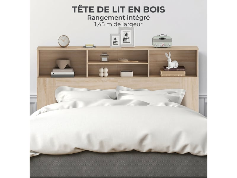  Tête de lit sur pied avec rangements, 160 x 20,2 x 108,2 cm, accessoire de lit 4 compartiments ouverts, bois naturel  - Conforama R