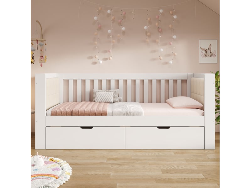  Modenvie lit banquette 90x190 cm - avec 2 tiroirs, sans matelas - pour petit espace - blanc  - Conforama D