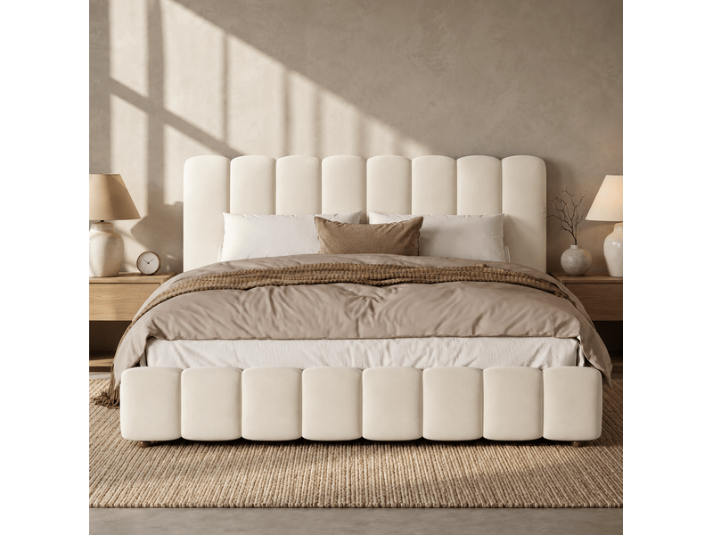 Lit double 180 × 200 cm avec coffre hydraulique, sommier à lattes, tête de lit en velours beige pour chambre classique - Conforama E