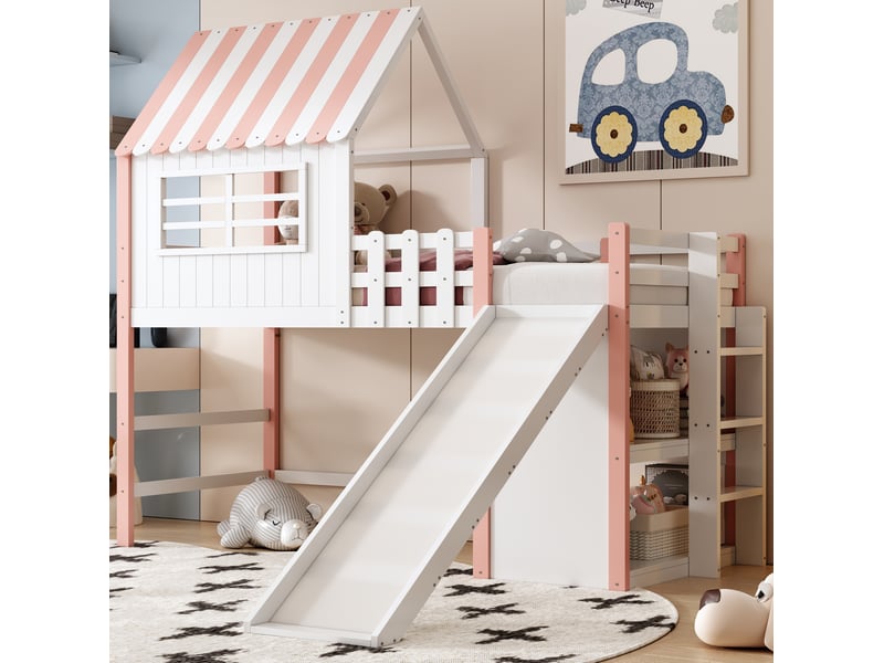  Lit mezzanine enfant 90 x 200 cm avec toboggan, échelle et rangements, rose  - Conforama B