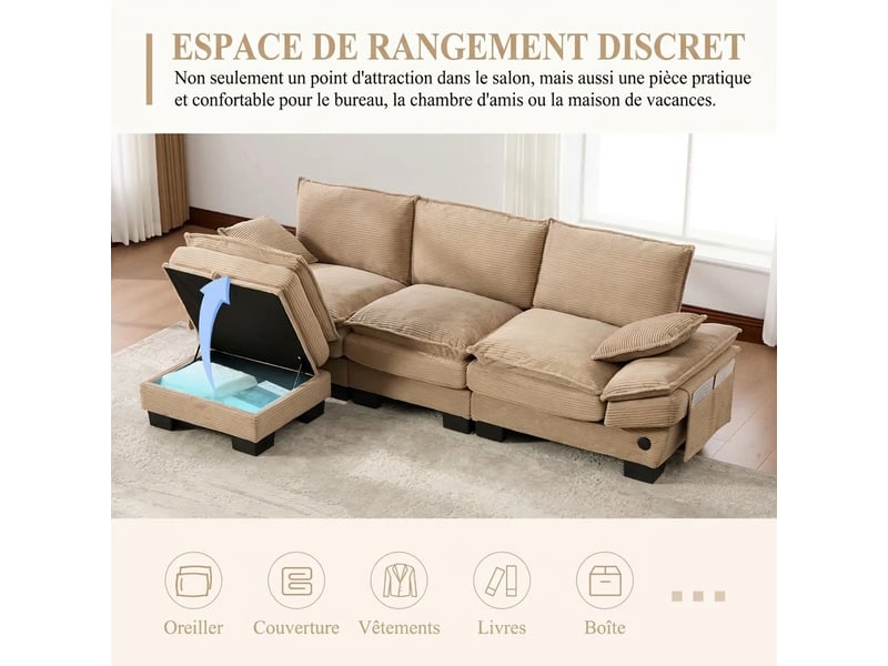 Canapé modulaire 3 places assise large ergonomique 260x132x84 cm avec pouf rangement et usb-c - Conforama D