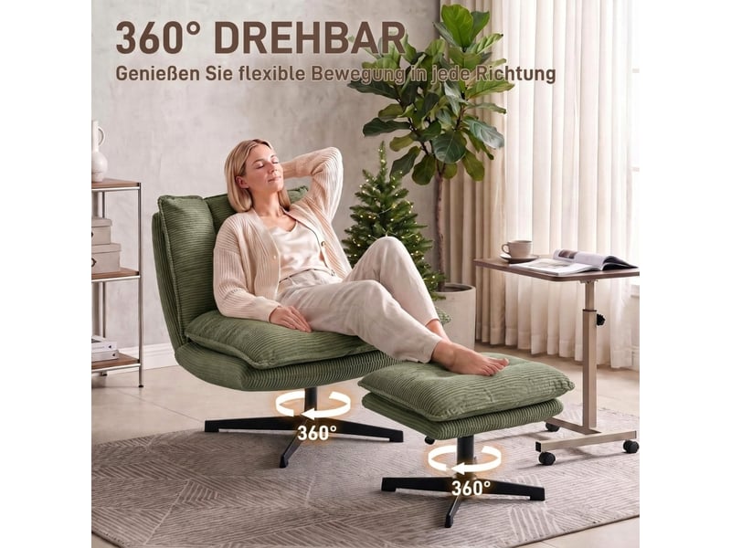  Fauteuil de salon - fauteuil lounge avec repose-pieds, pivotant à 360°, revêtement en velours côtelé, vert  - Conforama E