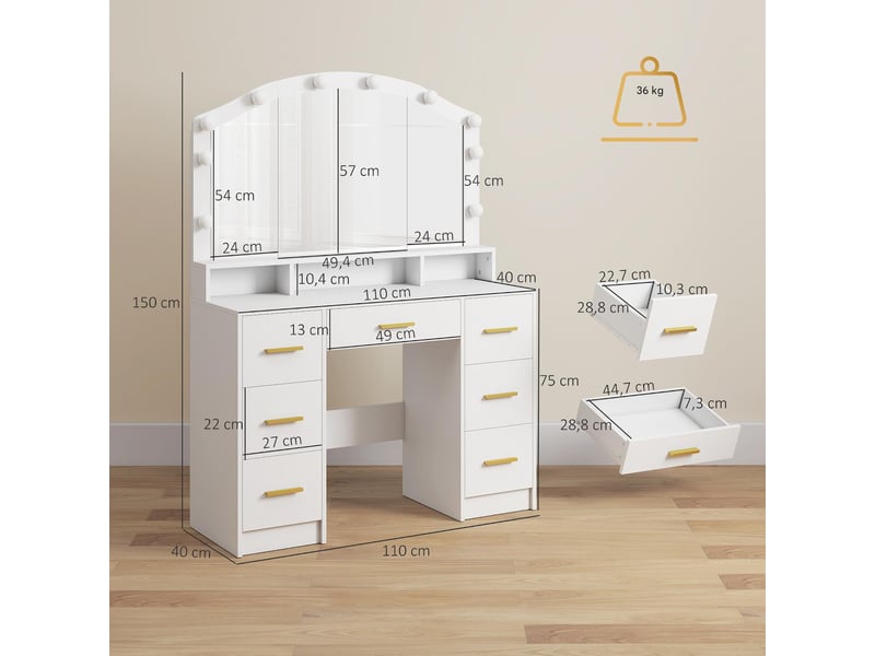  Coiffeuse avec miroir et 10 led 7 tiroirs en mdf blanc 110 x 40 x 150 cm  - Conforama C