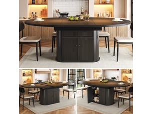 Table à manger extensible 118-158x118 cm - 4 à 6 personnes - rangement 2 portes - étagères réglables - socle rainuré - mdf - noir