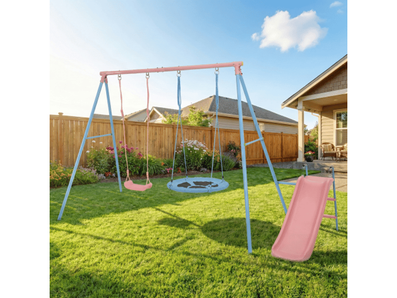  Portique xns107 avec 2 balançoires et toboggan, aire de jeux extérieure pour enfants  - Conforama B