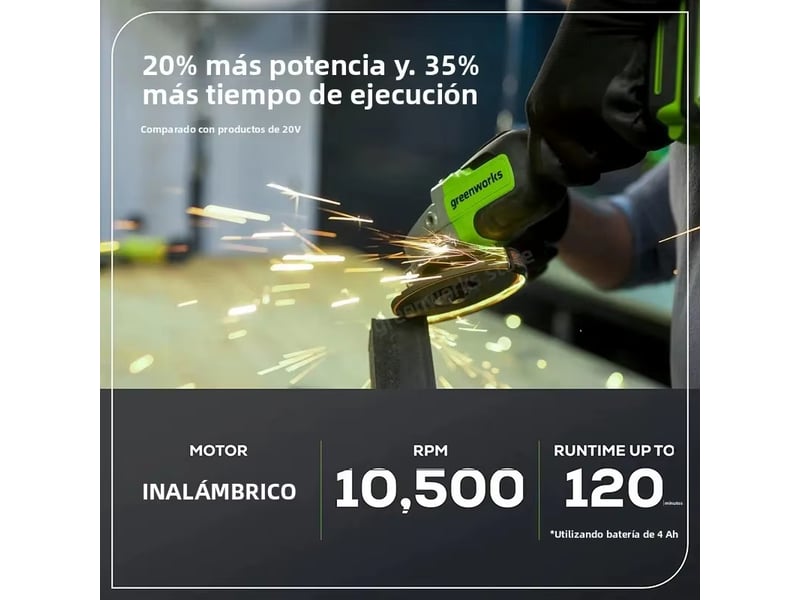  Greenworks–meuleuse d'angle 24v,moteur sans balais,disque de 4 pouces et broche m10,2 vitesses variables,10500 trmin,avec batterie 4ah et chargeur  - Conforama D