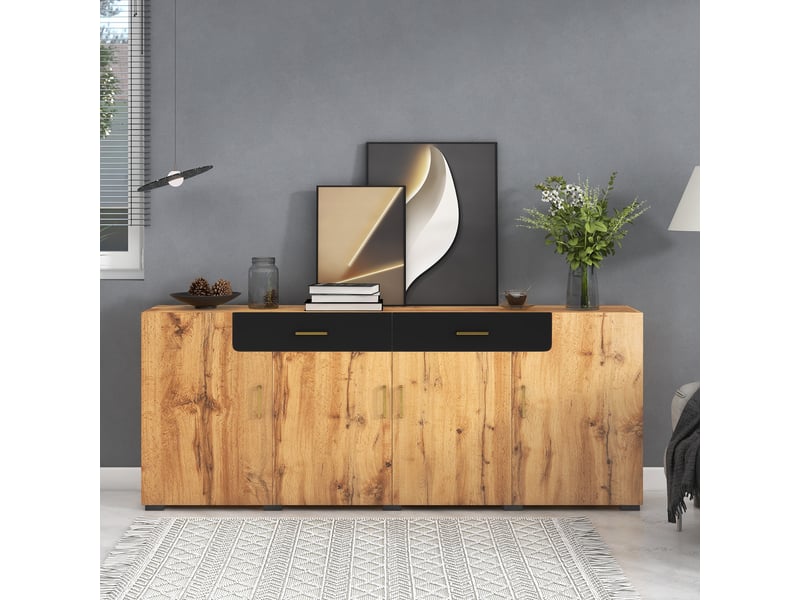 Buffet blanc et marron 208 x 39,5 x 80 cm panneau de particules 4 portes 2 tiroirs rangement avec kit outils et guide installation Sol Morn - Conforama B