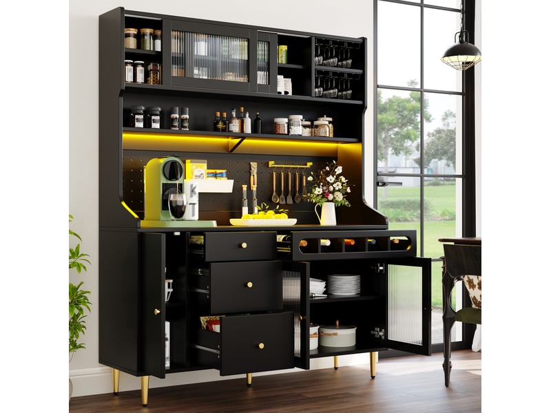  Buffet haut 145x39x171 cm noir, verre et mdf, avec led, étagères réglables et range-vins  - Conforama E