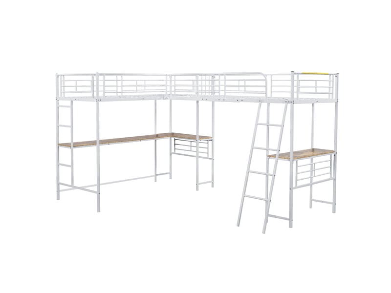  Lit mezzanine 90×200 cm avec double escalier et table sous le lit, lit enfant avec garde-corps haut, deux lits superposés, blanc  - Conforama B