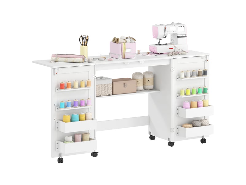  Table pliante pour machine à coudre avec étagères, 20 crochets, roulettes verrouillables, blanche  - Conforama A