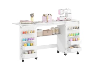 Table pliante pour machine à coudre avec étagères, 20 crochets, roulettes verrouillables, blanche
